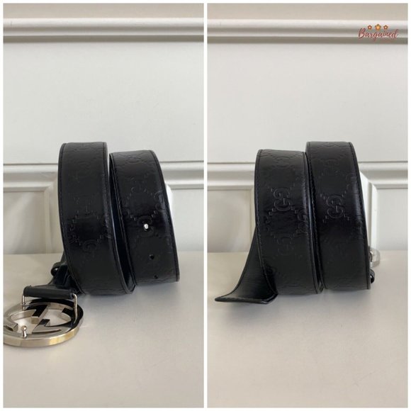 Authentic Gucci Black Guccissima Leather Silver Interlocking G Buckle Belt 85/34 - Picture 8 of 13